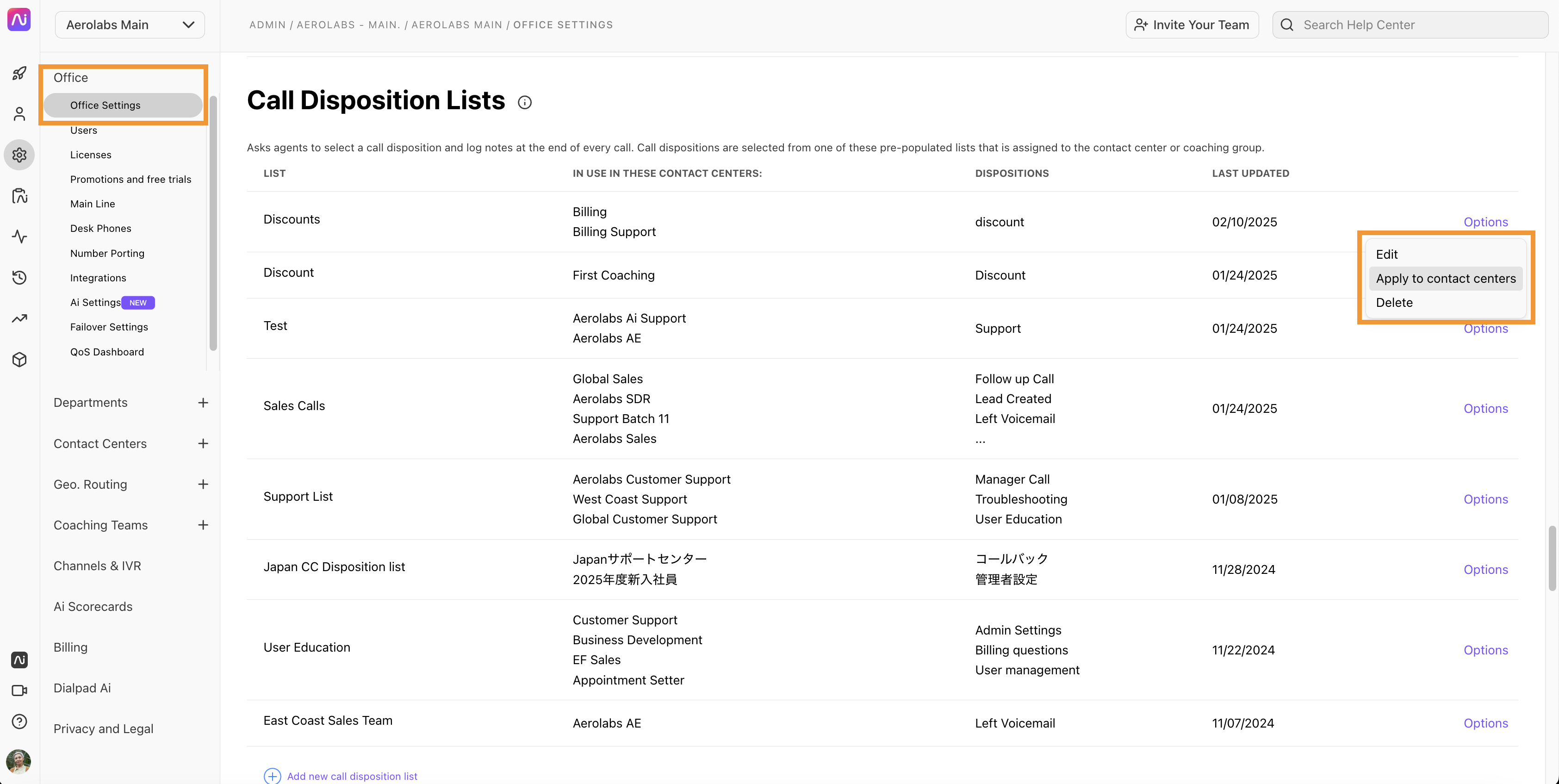 Overview of call disposition lists with option to apply settings.